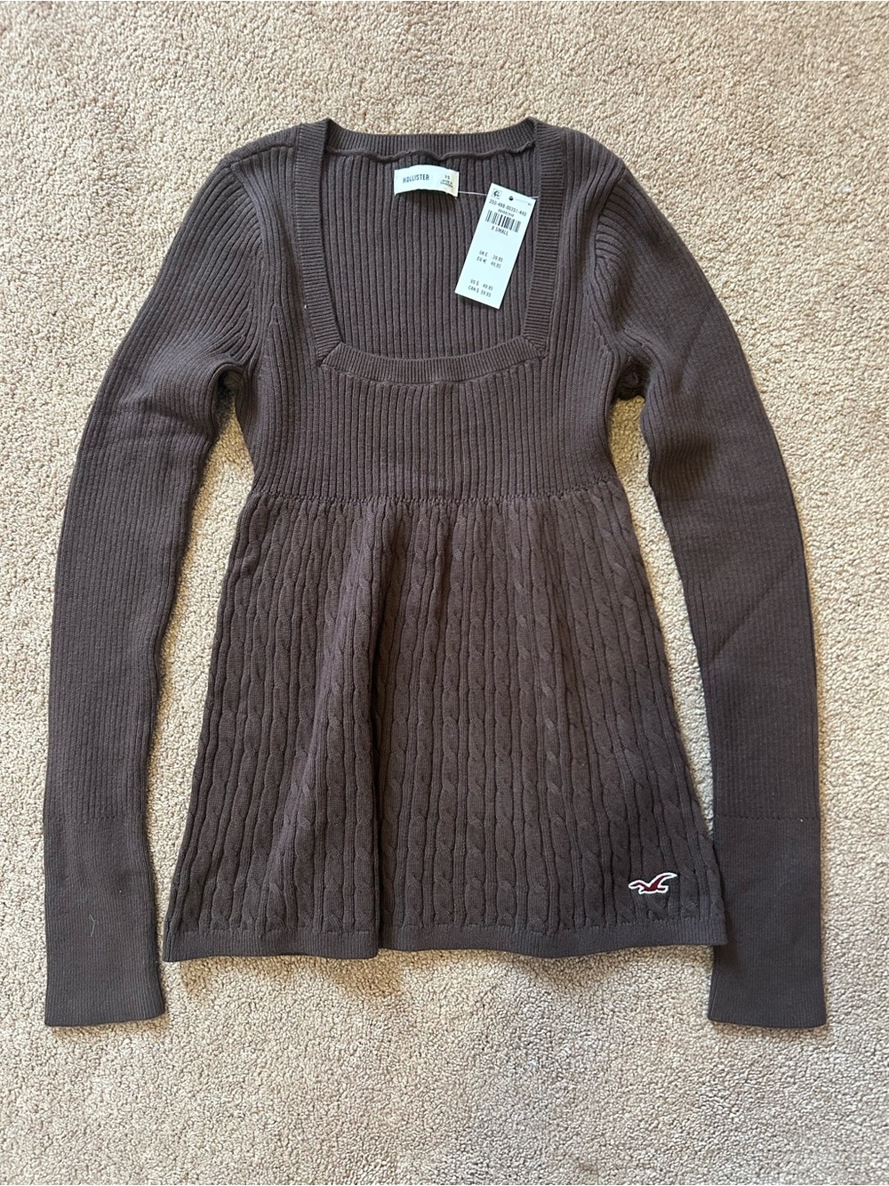 Hollister Long-Sleeve Square-Neck Babydoll brown knit sweater